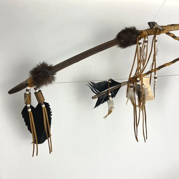 Chief Cross Bow Native American Wall Hanging Decor with Deerskin & Feathers - Picture 5 of 16